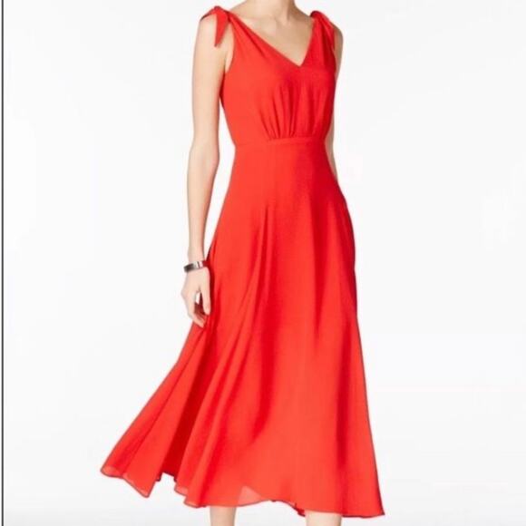 Betsy Johnson Pebble Crepe Midi Dress with Shoulder Ties in Red Size 6 - Picture 2 of 3